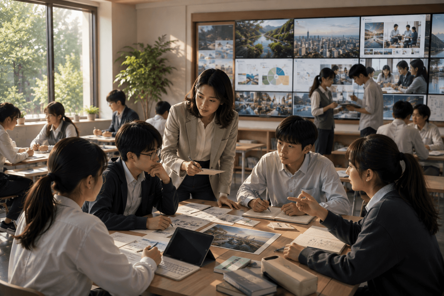 A teacher guiding students through collaborative creative project work