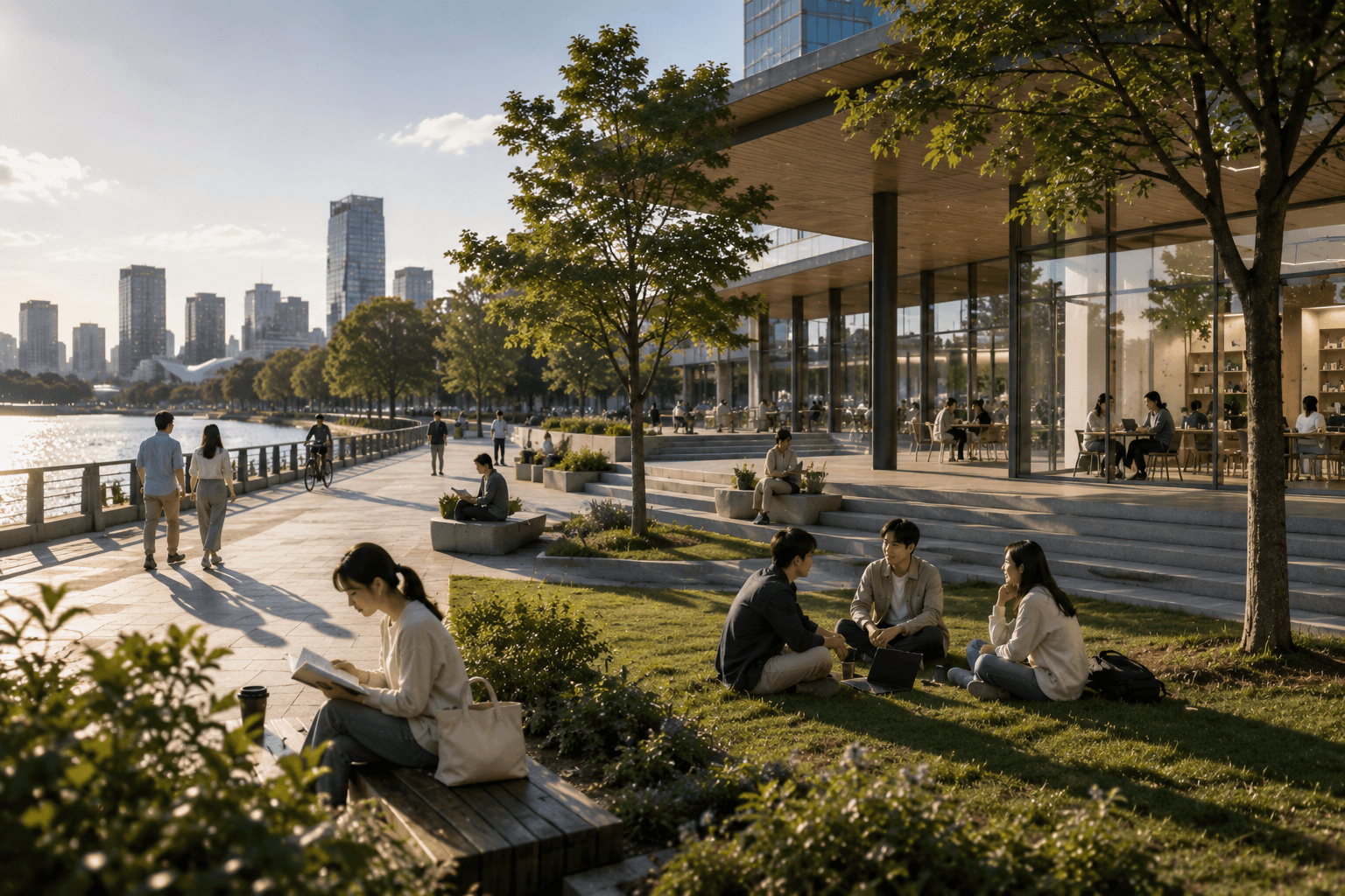 People learning, working and exchanging ideas in an open urban public space