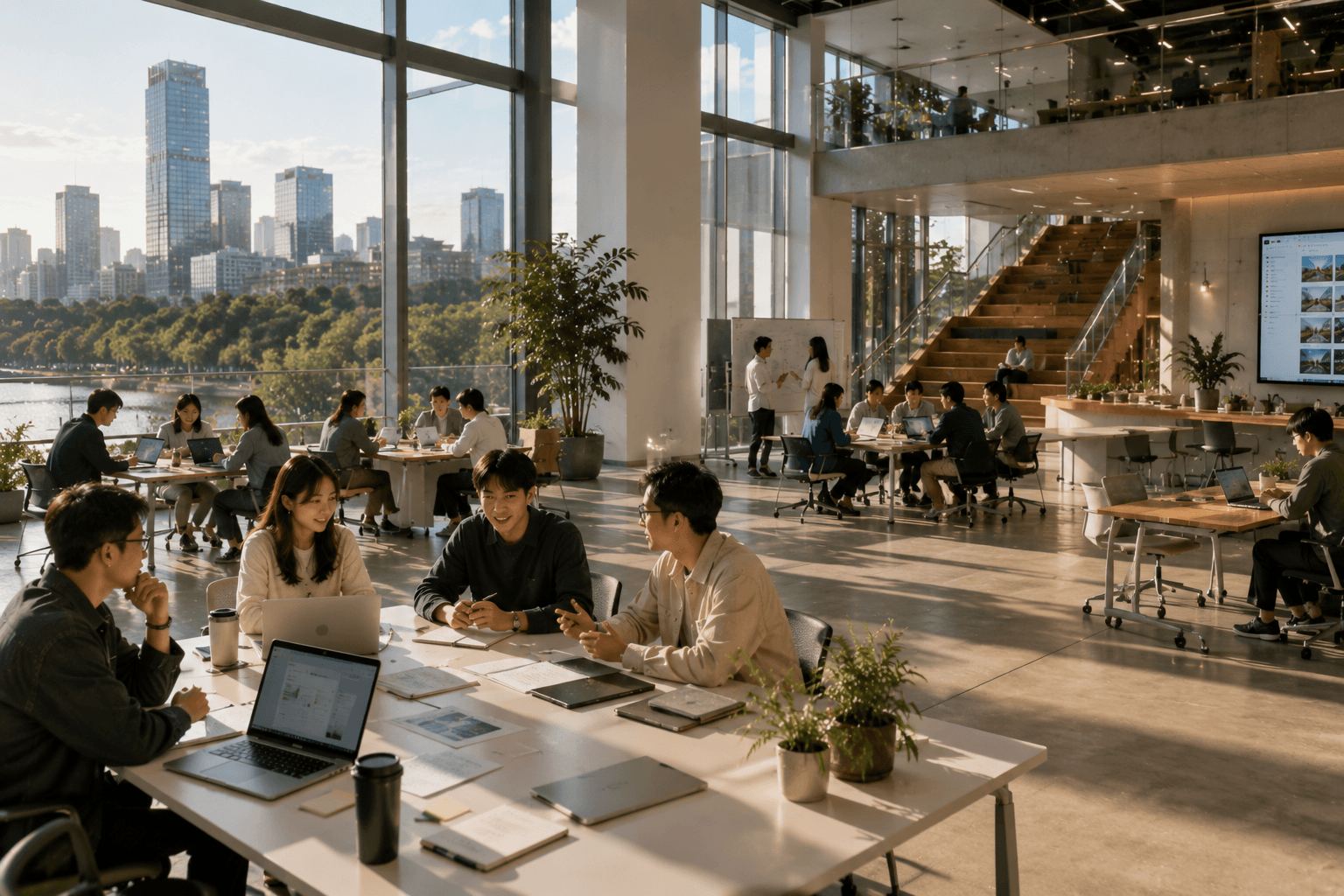 Teams collaborating in a bright city innovation workspace